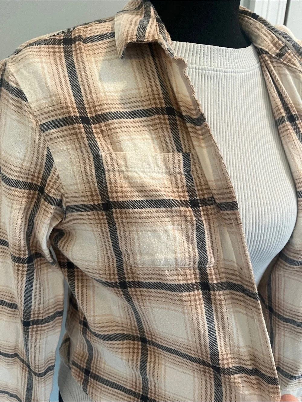 Old Navy Cream and Brown Plaid Button-Front Utility Jacket